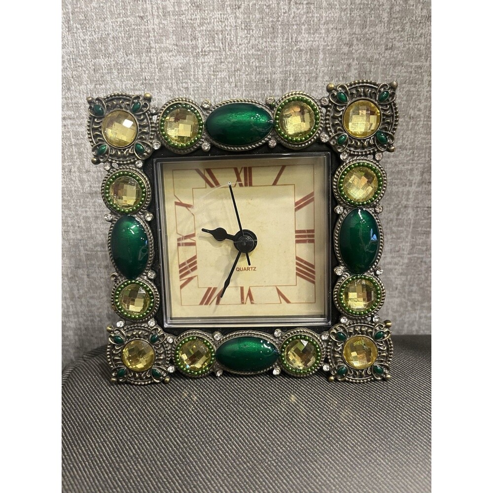 Vtg Tabletop Metal Jeweled Clock Gold Tone Rhinestones ~Quartz~Battery Operated